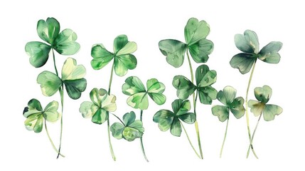 A group of four leaf clovers on a white background. Perfect for St. Patrick's Day designs - obrazy, fototapety, plakaty
