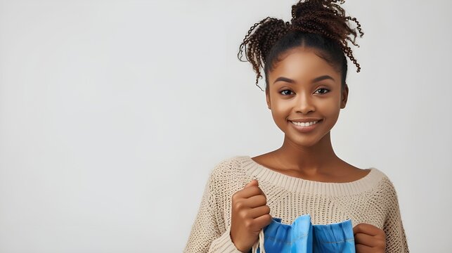 Portrait Of An Excited Young African Woman Hand Holding Shopping Bag Isolated Background, Excited African American Woman With Shopping Bags. Agitated Attractive Young Lady Ai Generated 