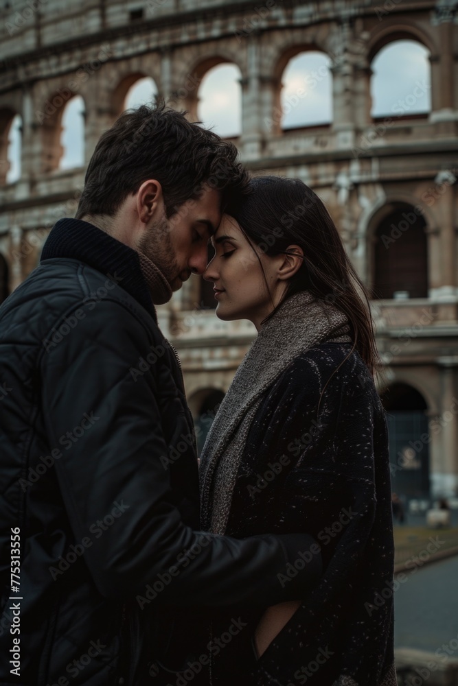 Poster A man and a woman standing together in front of a building. Suitable for business or relationship concepts
