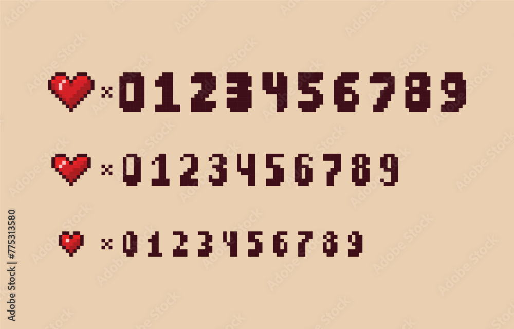 Leinwandbilder Pixel art 8-bit Arcade game elements of different size heart icons and numeric alphabet. loading bar or item indicator. Heart and energy element. Retro video game menu elements in 80s - 90s style