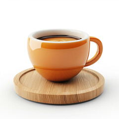 Black coffee in an orange cup on a wooden coaster. Cozy 3d illustration isolated on white background.