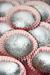 Confectionery factory products. Cupcakes sprinkled with powdered sugar
