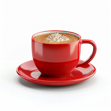 Aroma cappuccino coffee with tasty sweet foam. Red coffee cup, isolated 3d render.