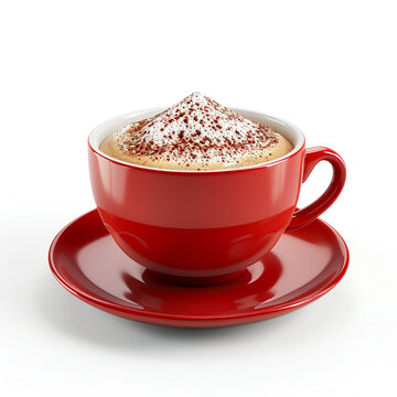 Aroma cappuccino coffee with tasty sweet foam sprinkled with chocolate chips. Red coffee cup 3d render.