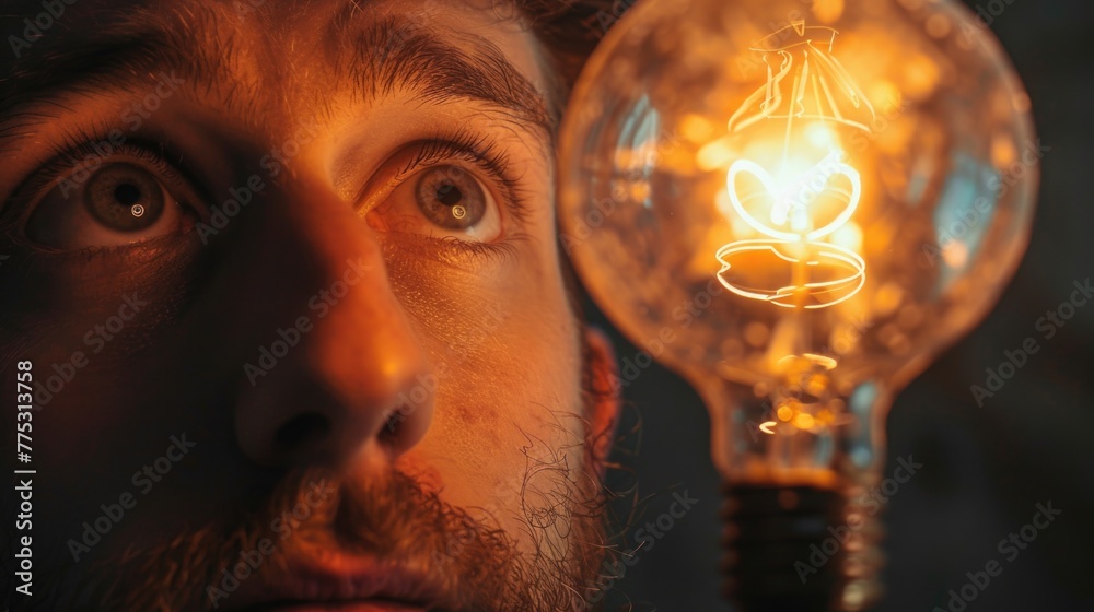 Poster man looking up at a bright light bulb, suitable for business concepts