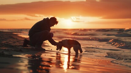 A person kneeling down with a dog on the beach. Suitable for pet lovers or outdoor enthusiasts