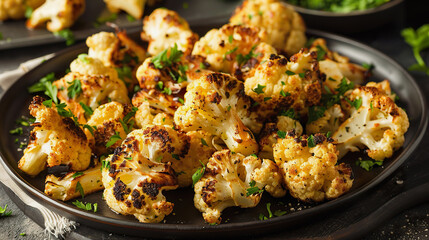 Roasted cauliflower topped with parsley on plate - obrazy, fototapety, plakaty