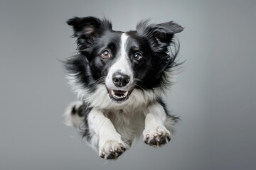 A playful black and white dog caught mid-air jump. Suitable for pet lovers and animal enthusiasts