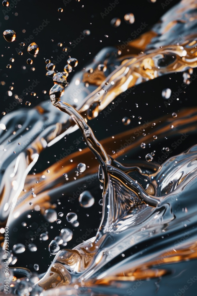 Poster detailed view of a liquid wave with water droplets. suitable for various design projects