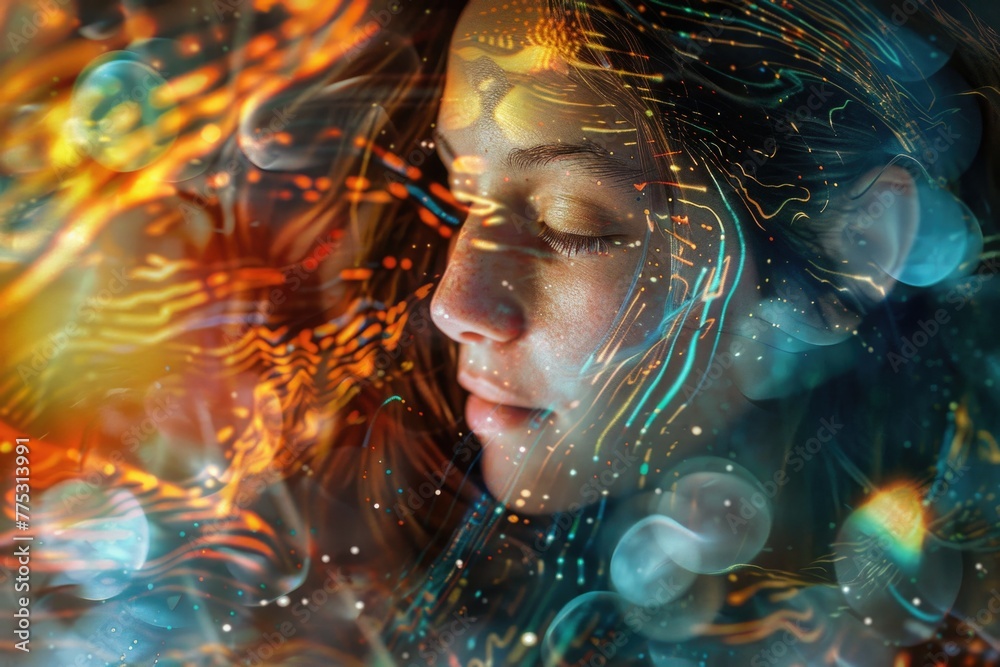Poster close up of a woman's face with lights in the background. suitable for various design projects