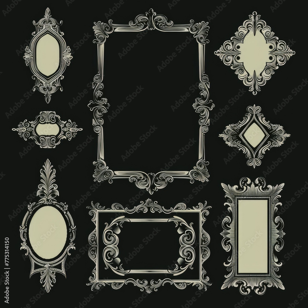Poster elegant ornate frames and ornaments on a black backdrop, perfect for adding a touch of luxury to you