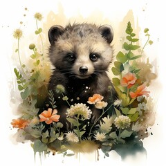 Watercolour Animal Clipart Cute Baby raccoon sitting down on Green Garden White Background