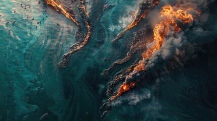 Aerial view of fire and water, perfect for environmental concepts - obrazy, fototapety, plakaty