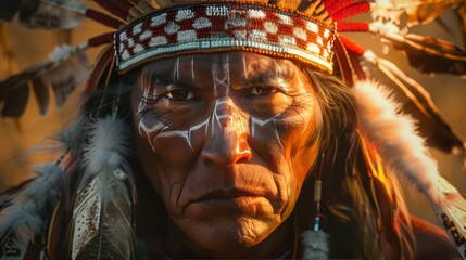 Hyperrealistic native american chief in vibrant desert setting with detailed regalia