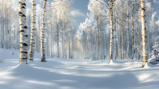   A stunning image of a snow-covered forest featuring tall trees in the foreground and a vibrant blue sky dotted with fluffy clouds in the backdrop