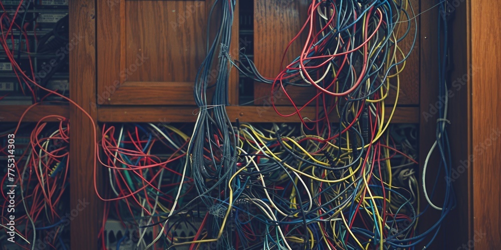 Poster messy bunch of wires in a room, ideal for tech and organization concepts