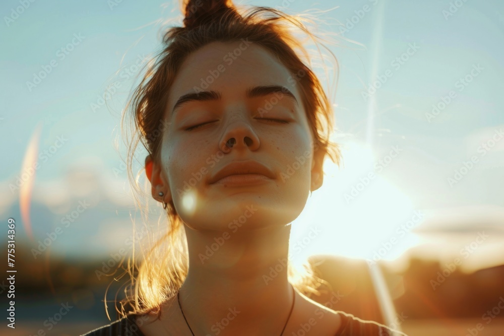 Poster a woman with her eyes closed standing in front of the sun. suitable for various concepts and project