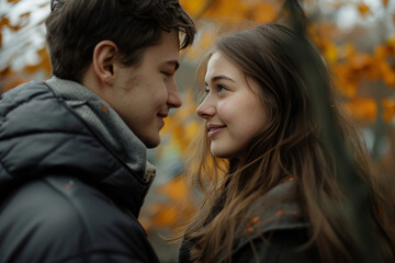 Fototapeta premium A man and a woman are looking into each other 's eyes