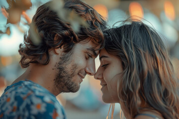 A man and a woman touching their noses with their eyes closed - obrazy, fototapety, plakaty