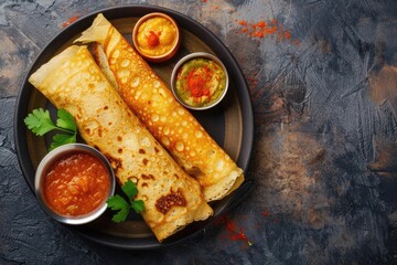 South Indian Vegetarian Breakfast: Delicious Dosa Crepes with Sambar and Chutney. Perfect Traditional Morning Eats for Tamil Cuisine Fans - obrazy, fototapety, plakaty