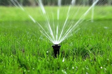 Sprinkler Watering Grass for Your Garden or Lawn with Automatic Irrigation System. Perfect for Agriculture and Watering Needs - obrazy, fototapety, plakaty