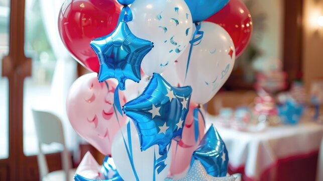 Sweet One Year Birthday Celebration with Balloons in Blue and White Colors, Red Ribbons, Pink Cake and Colours for Perfect Party