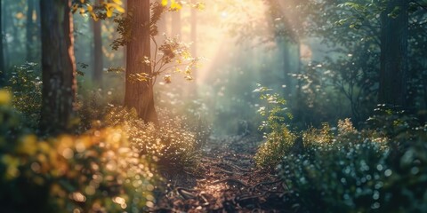 Sunlight filtering through dense woodland, suitable for nature themes