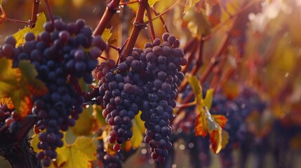 Ripe grapes hanging from a vine, perfect for wine labels or fruit ads - obrazy, fototapety, plakaty