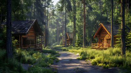 Cozy log cabins nestled among the trees along a woodland trail