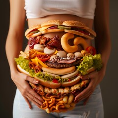 Belly Bulge: Woman's Overindulgence in a Pile of Food - obrazy, fototapety, plakaty