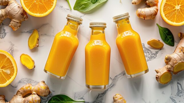 Top-View Juice Shot. Powerful Immune-Defending Vitamin Drink. Fresh Turmeric, Ginger, and Citrus Juice in Glass Bottles over Marble Background. Natural Cold & Virus Fighter.