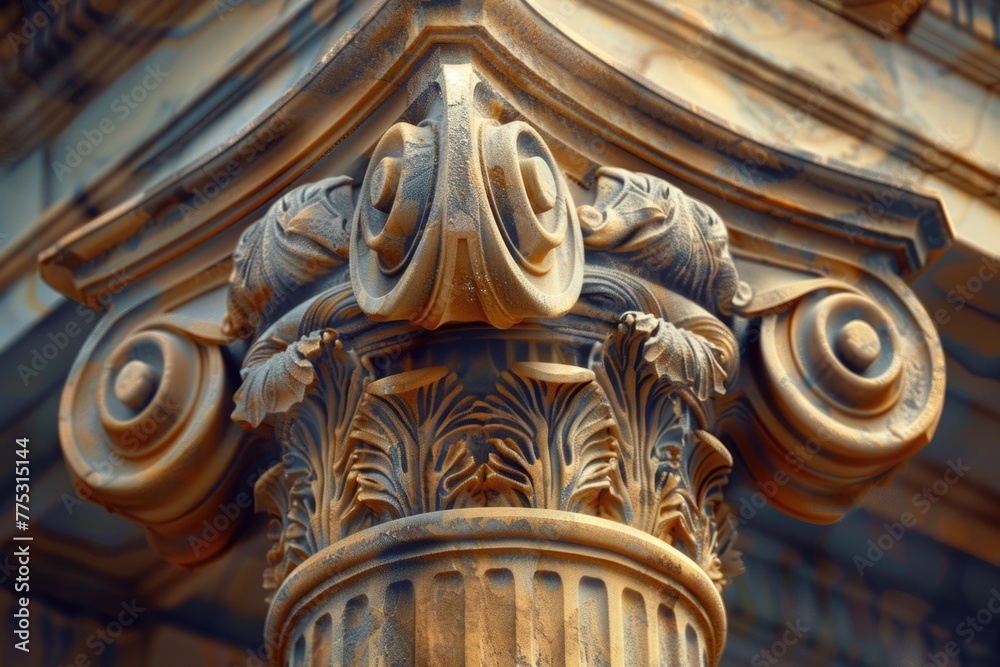 Poster Close up of a pillar with a building in the background. Suitable for architectural and construction concepts