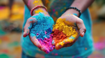 A person holding a handful of colored powder. Perfect for festive events - obrazy, fototapety, plakaty