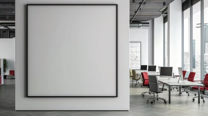 Large blank photo frame in contemporary modern co working office interior background, with banner and copy space.
