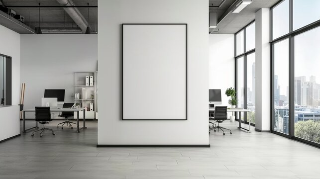 Large blank photo frame in contemporary modern co working office interior background, with banner and copy space.