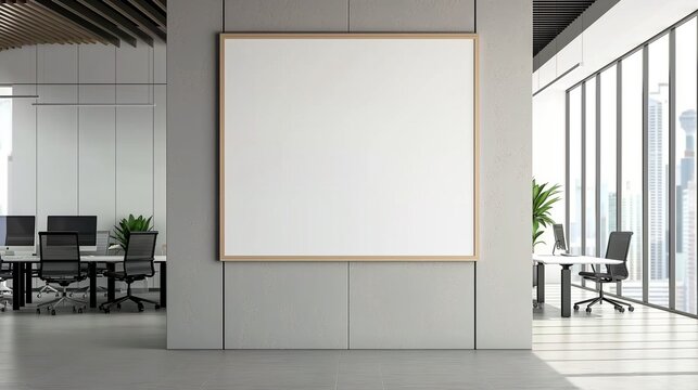 Large blank photo frame in contemporary modern co working office interior background, with banner and copy space.