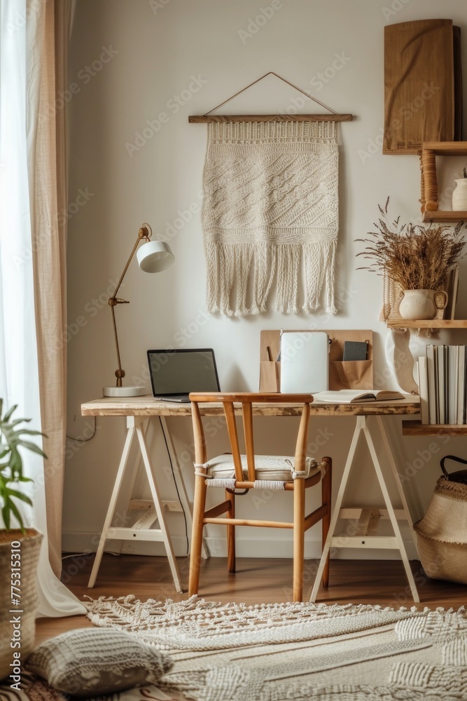 Poster a wooden desk with a laptop on top. suitable for technology and workspace concepts