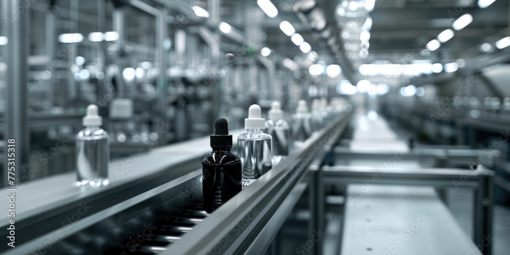 Poster row of bottles moving on a conveyor belt. suitable for industrial concepts