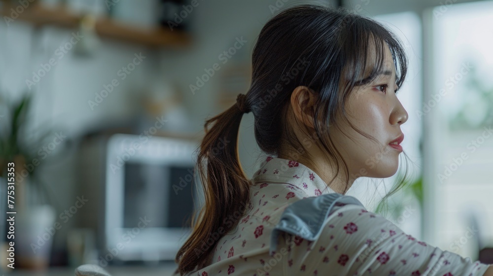 Poster a woman sitting at a table with a remote control, suitable for technology concepts