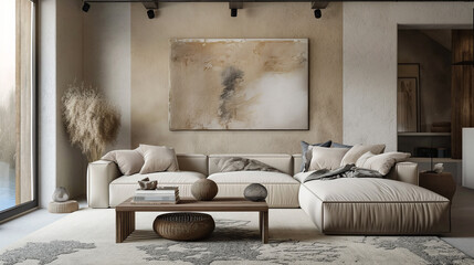 Sala de estar moderna bege com um quadro de arte abstrato na parede 
