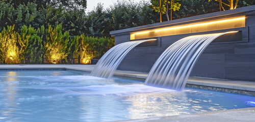 A sleek waterfall element and submerged lighting in a modern pool design provide a tranquil atmosphere