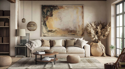 Sala de estar moderna bege com um quadro de arte abstrato na parede 