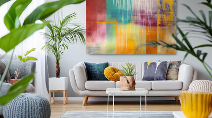 Sala de estar cheia de plantas com um quadro de arte abstrato na parede  - obrazy, fototapety, plakaty