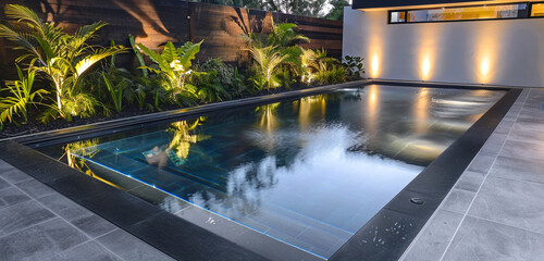 A sleek, black-finished, contemporary pool surrounded by beautiful landscape and softly lit by...