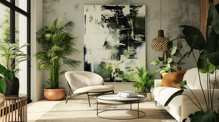 Sala de estar cheia de plantas com um quadro de arte abstrato na parede  - obrazy, fototapety, plakaty