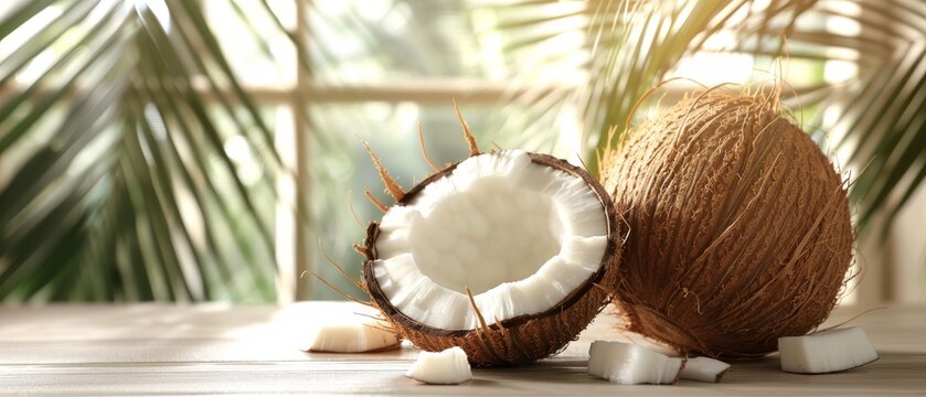   Two coconuts rest atop a table beside ice cubes and a palm tree