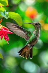 Fototapeta premium A beautiful hummingbird hovering near a colorful flower. Perfect for nature and wildlife themes