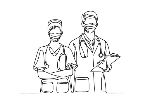 World Health Day continuous line drawing one line sketch vector art design 
Doctor and nurse with stethoscope on white background. Vector illustration.