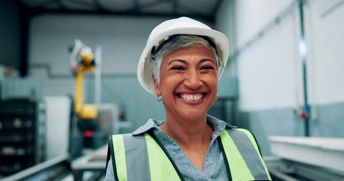 Portrait of engineer, woman and construction site with smile for business project, building and trade industry. Senior person, safety helmet and professional with pride or happy contractor at work