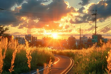 Sunset Over City With Tall Grass